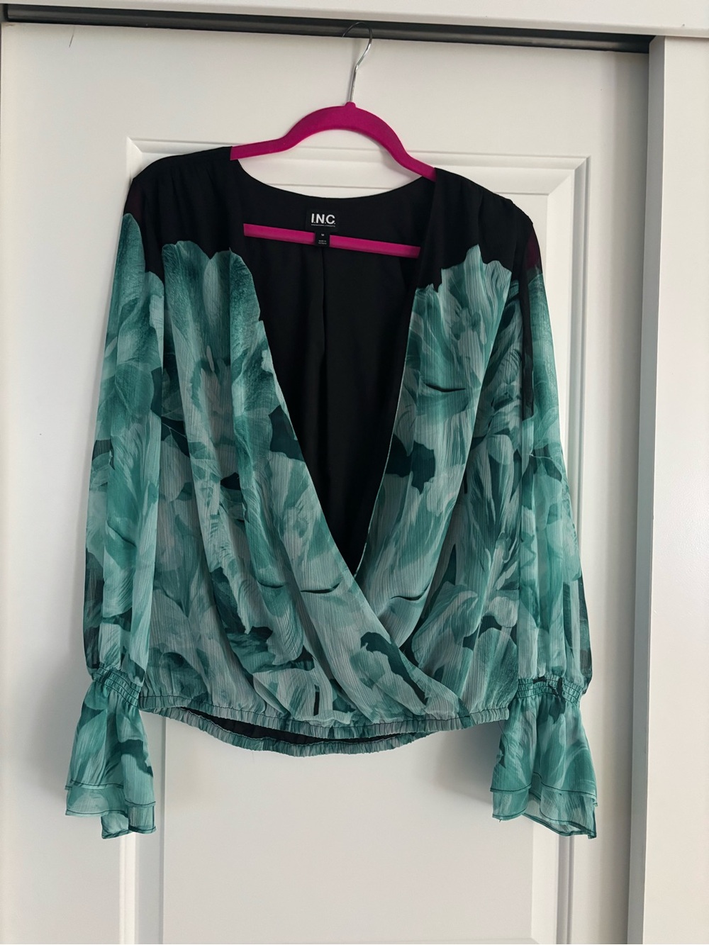 INC International Concepts Teal and Black Floral Wrap Blouse